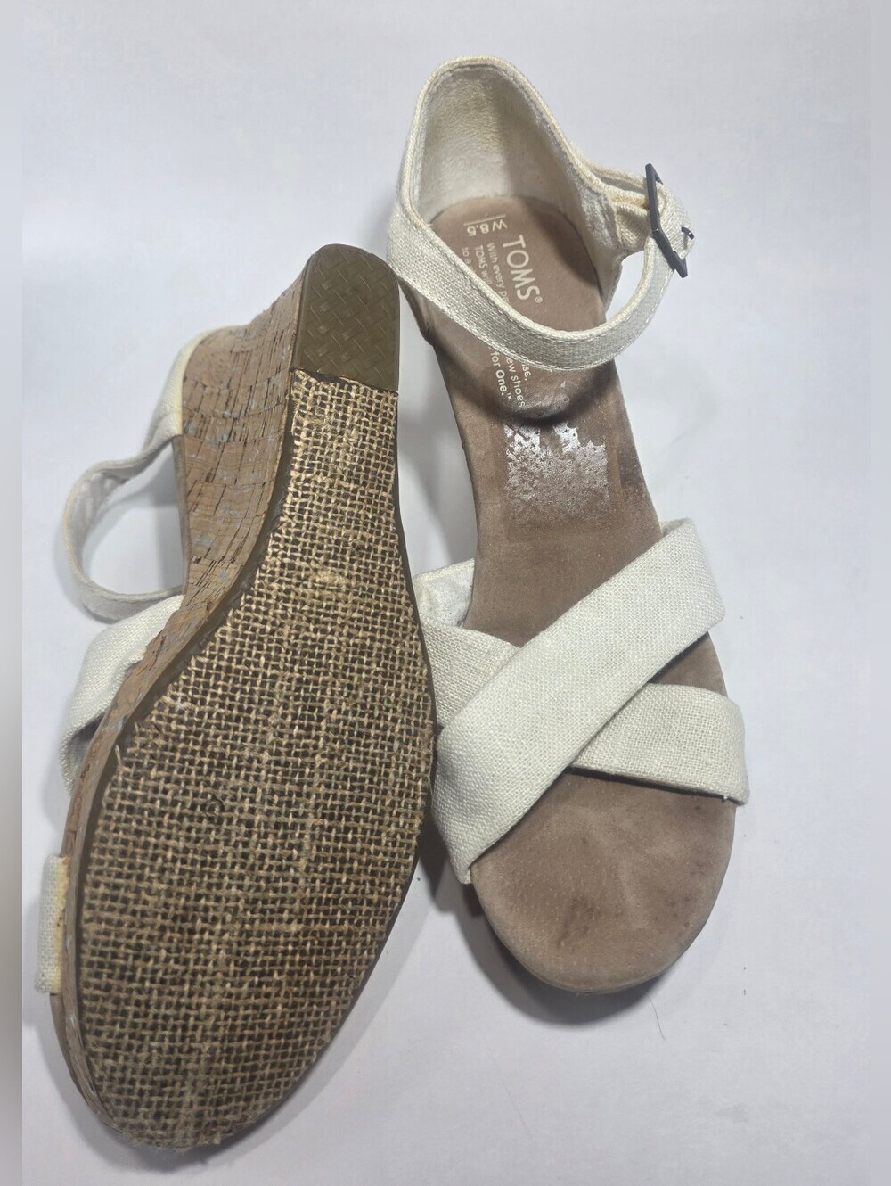 TOMS Women's Wedge Sandals Size 8.5 White Canvas Cork Heel Ankle Strap - Picture 9 of 9